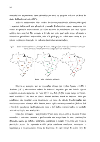 84
currículos dos respondentes foram analisados por meio de pesquisa realizada em base de
dados da Plataforma Lattes/CNPq.
A relação entre números real e ideal de professores participantes, expresso pela Figura
1, apresenta dados numéricos referentes à proporção de alunos ingressantes anualmente nos
cursos. No primeiro mapa constam os valores relativos às participações das cinco regiões
políticas (em amarelo). No segundo, a divisão que seria ideal tendo como referência o
universo de professores respondentes, com 124 participações válidas (em verde). E, por
último, os números alcançados em cada uma das regiões (em vermelho).
Figura 1 – Dados numéricos relativos à proporção de alunos por Região (em amarelo); e quantitativos (ideal, em
verde; e real, em vermelho) relacionados à pesquisa com professores.
Fonte: Dados trabalhados pelo autor.
Observa-se, portanto, que as proporções obtidas nas regiões Sudeste (43/43) e
Nordeste (26/25) encontram-se dentro do esperado; enquanto que nas demais regiões
percebem-se desvios para mais no Norte (8/11) e no Sul (30/36), e para menos no Centro-
oeste brasileiro (17/9), onde se obteve número bastante menor ao esperado. Fato que
acreditamos não invalidar nossa investigação em razão das rápidas transformações que
sucedem com esses números. Além do mais, as três regiões mais representativas (Sudeste, Sul
e Nordeste) resultaram equilibradamente entre si (cf. dados pormenorizados por unidade
federativa e Região no Apêndice B1).
Estas duas estratégias – questionários-virtuais junto aos docentes e pesquisa de seus
currículos – buscaram conhecer o professorado sob perspectivas de suas: qualificações
(titulação, regime de trabalho, experiência acadêmica e atuação profissional em projeto);
percepções acerca do repertório trazido pelos estudantes (qualidade, quantidade e
localização); e posicionamentos frente às disciplinas do ciclo inicial de ensino (tipo de
21%
35%
14%
24%
6%
 