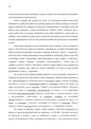 90
se fora do primeiro período, utilizando-se a palavra ‘projeto’ nas nomenclaturas de disciplinas
mais distanciadas da origem do curso.
Sobre o conteúdo das ementas (cf. Anexo A), realizaram-se análises tendo como
facilitadores os gráficos de análise de similitude gerados pelo software Iramuteq em razão do
aspecto sintetizador do programa em apresentar simultaneamente os resultados acerca das
palavras mais conectadas e maiores ocorrências de vocábulos. Porém, ressaltamos que as
nossas análises não se basearam inteiramente nesses dados informáticos, sendo usados, na
realidade, como elementos auxiliares para o exame das informações textuais das 54 ementas,
inseridas conjuntamente em um dos três grupos pré-estabelecidos pela pesquisa, apresentados
a seguir.
Antes, porém, apresenta-se uma visão geral de todas as ementas, vistas em conjunto na
Figura 2. Nela observa-se análise de similitude conformada por um gráfico binucleado pelas
palavras principais da disciplina em questão, conectadas fortemente: ‘projeto’ e ‘arquitetura’,
tendo este último vocábulo apresentado maior quantidade de ramificações, dentre as quais são
evidenciadas ‘estudo’, ‘representação’ (que posteriormente se liga à ‘gráfico’ e ‘expressão’),
‘programa’, ‘relação’, ‘processo’, ‘percepção’, ‘desenvolvimento’, e ‘forma’ (que, em
seguida, se conecta à ‘função’). Além destas, a palavra ‘espaço’ aparece como a ligação mais
importante, formando uma espécie de terceiro (sub)núcleo em torno do qual constam
principalmente ‘análise’ e ‘organização’.
De acordo com esse primeiro apanhado estatístico, em torno do núcleo ‘arquitetura’ os
segmentos de ementas mais representativos dessa composição vocabular melhor expressam-se
em: “Desenvolvimento da criatividade através da percepção, estudo e pesquisa das formas,
instrumento e técnicas de representação gráfica em Arquitetura. Práticas de croquis com
ênfase em proporção, escala e expressão.” (Atelier 1, curso diurno da UFBA) e “Iniciação à
prática do projeto de arquitetura: desenvolvimento de projetos (...) de complexidade
tecnológica/funcional/programática elementar, considerando (...) aspectos humanos, sociais
e físico-ambientais condicionantes da arquitetura: programa de necessidades
(função/utilidade) (...). Métodos compositivos de interpretação e produção do espaço e da
forma; sua percepção e descrição; metodologia de projetos de arquitetura. Objetiva
introduzir o aluno no processo projetivo em arquitetura (...).” (Arquitetura 3, UNILA).
Em relação ao subnúcleo ‘espaço’, melhor exprime a ideia desse agrupamento de
palavras o excerto da disciplina Projeto de Arquitetura 1, da UFAM: “Introdução da prática
de elaboração de projetos a partir de problemáticas simples (...) permitindo abordar o
processo de formulação de ideias e programas de arquiteturas e a sua expressão em termos
 