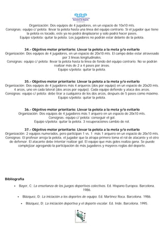 Organización: Dos equipos de 4 jugadores, en un espacio de 10x10 mts.
Consignas: equipo c/ pelota: llevar la pelota hasta una línea del equipo contrario. Si el jugador que tiene
             la pelota es tocado, este ya no podrá desplazarse y solo podrá hacer pases.
         Equipo s/pelota: quitar la pelota. Los jugadores no podrán estar delante de la pelota.


            34.- Objetivo motor prioritario: Llevar la pelota a la meta y/o evitarlo
Organización: Dos equipos de 4 jugadores, en un espacio de 20x10 mts. El campo debe estar atravesado
                                        por 3 líneas longitudinales.
 Consignas: equipo c/ pelota: llevar la pelota hasta la línea de fondo del equipo contrario. No se podrán
                                  realizar más de 2 a 4 pases por áreas.
                                     Equipo s/pelota: quitar la pelota.


            35.- Objetivo motor prioritario: Llevar la pelota a la meta y/o evitarlo
Organización: Dos equipos de 4 jugadores más 4 arqueros (dos por equipo) en un espacio de 20x20 mts.
     4 arcos, uno en cada lateral (dos arcos por equipo). Cada equipo defiende y ataca dos arcos.
Consignas: equipo c/ pelota: debe tirar a cualquiera de los dos arcos, después de 5 pases como máximo.
                                    Equipo s/pelota: quitar la pelota.


             36.- Objetivo motor prioritario: Llevar la pelota a la meta y/o evitarlo
          Organización: Dos equipos de 4 jugadores más 1 arquero en un espacio de 20x10 mts.
                             Consignas: equipo c/ pelota: conseguir el gol.
                    Equipo s/pelota: quitar la pelota. 3 recuperaciones cambio de rol.

            37.- Objetivo motor prioritario: Llevar la pelota a la meta y/o evitarlo
Organización: 2 equipos numerados, pero participan 1 vs. 1 más 1 arquero en un espacio de 20x10 mts.
Consignas: El profesor arroja la pelota, el jugador que la atrapa primero toma el rol de atacante y el otro
  de defensor. El atacante debe intentar realizar gol. El equipo que más goles realiza gana. Se puede
        complejizar agregando la participación de más jugadores y mayores reglas del deporte.




Bibliografía

      •       Bayer, C; La enseñanza de los juegos deportivos colectivos. Ed. Hispano Europea. Barcelona.
                                                        1986.

          •        Blázquez, D; La iniciación a los deportes de equipo. Ed. Martínez Roca. Barcelona. 1986.

               •     Blázquez, D; La iniciación deportiva y el deporte escolar. Ed. Inde. Barcelona. 1995.
 