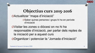 Objectius curs 2015-2016
OActualitzar “mapa d’iniciació”
OSaber quines persones i grups hi ha en període
d’iniciació
OVisitar les zones o diòcesi on no hi ha
responsable d’iniciació, per parlar dels reptes de
la iniciació per a aquest curs
OOrganitzar i potenciar la “Jornada d’Iniciació”
Comissió d'iniciació. Octubre 2015 6
 