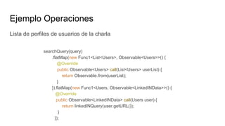 Ejemplo Operaciones
Lista de perfiles de usuarios de la charla
searchQuery(query)
.flatMap(new Func1<List<Users>, Observable<Users>>() {
@Override
public Observable<Users> call(List<Users> userList) {
return Observable.from(userList);
}
}).flatMap(new Func1<Users, Observable<LinkedINData>>() {
@Override
public Observable<LinkedINData> call(Users user) {
return linkedINQuery(user.getURL());
}
});
 