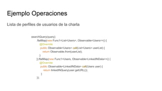 Ejemplo Operaciones
Lista de perfiles de usuarios de la charla
searchQuery(query)
.flatMap(new Func1<List<Users>, Observable<Users>>() {
@Override
public Observable<Users> call(List<Users> userList) {
return Observable.from(userList);
}
}).flatMap(new Func1<Users, Observable<LinkedINData>>() {
@Override
public Observable<LinkedINData> call(Users user) {
return linkedINQuery(user.getURL());
}
});
 