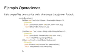 Ejemplo Operaciones
Lista de perfiles de usuarios de la charla que trabajan en Android
searchQuery(query)
.flatMap(new Func1<List<Users>, Observable<Users>>() {
@Override
public Observable<Users> call(List<Users> userList) {
return Observable.from(userList);
}
}).flatMap(new Func1<Users, Observable<LinkedINData>>() {
@Override
public Observable<LinkedINData> call(Users user) {
return linkedINQuery(user.getURL());
}).filter(new Func1<LinkedINData, Boolean>() {
@Override
public Boolean call(LinkedINData linkedINData) {
return linkedINData.worksInAndroid();
}
});
 