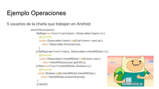 Ejemplo Operaciones
5 usuarios de la charla que trabajan en Android
searchQuery(query)
.flatMap(new Func1<List<Users>, Observable<Users>>() {
@Override
public Observable<Users> call(List<Users> userList) {
return Observable.from(userList);
}
}).flatMap(new Func1<Users, Observable<LinkedINData>>() {
@Override
public Observable<LinkedINData> call(Users user) {
return linkedINQuery(user.getURL());
}).filter(new Func1<LinkedINData, Boolean>() {
@Override
public Boolean call(LinkedINData linkedINData) {
return linkedINData.worksInAndroid();
}
}).take(5);
 