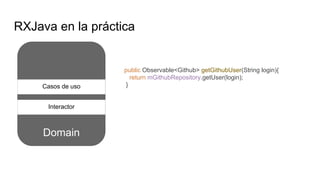 Domain
RXJava en la práctica
Casos de uso
public Observable<Github> getGithubUser(String login){
return mGithubRepository.getUser(login);
}
Interactor
 