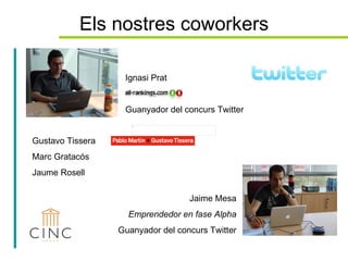Els nostres coworkers Ignasi Prat Guanyador del concurs Twitter   Jaime Mesa Emprendedor en fase Alpha Guanyador del concurs Twitter  Gustavo Tissera Marc Gratacós Jaume Rosell 