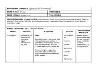 EXPERIENCIA DE APRENDIZAJE:
Nº DE NIÑOS/AS:
TIEMPO ESTIMADO: Una semana FECHA DE INICIO:
ÁMBITO DESTREZAS
INDICADORES DE
EVALUACIÓN
RECURSOS
ACTIVIDADES
ELEMENTO INTEGRADOR:
GRUPO DE EDAD: 3-4 años
Plantea reglas o
instrucciones para
llevar a cabo un
juego creado por
sí mismo
integrando a sus
compañeros/as.
Tubos de car-
tón.
Témperas
Pinceles
Marcadores
Escarcha
Goma
Papel seda.
LUNES
Saludo afectuoso y bienvenida a los
niños y niñas explicando tres
actividades (instrucciones) sencillas
para que las realicen. (Aplaudir,
ponerse de pie, dar una vuelta, etc.)
Planteamiento de preguntas y
respuestas sobre actividades o
juegos realizados el fin de semana
en sus hogares.
Proponer juegos
construyendo
sus propias
reglas
interactuando
con otros.
Convivencia
ELEMENTO INTEGRADOR: Juego: “Gusanito de papel”.
DESCRIPCIÓN GENERAL DE LA EXPERIENCIA: La experiencia consiste en participar activamente en el juego: “Gusanito
de papel”. En el cual se motivará a desarrollar su creatividad, imaginación, tolerancia, paciencia, antes, durante y
después del juego.
EXPERIENCIA DE APRENDIZAJE: Jugando con mis Nuevos Amigos
 
