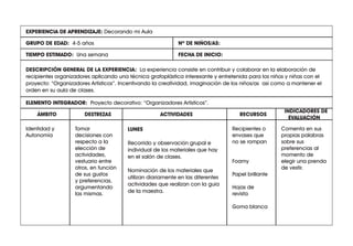 EXPERIENCIA DE APRENDIZAJE:
Nº DE NIÑOS/AS:
TIEMPO ESTIMADO: Una semana FECHA DE INICIO:
ÁMBITO DESTREZAS
INDICADORES DE
EVALUACIÓN
RECURSOS
ACTIVIDADES
ELEMENTO INTEGRADOR:
GRUPO DE EDAD: 4-5 años
Comenta en sus
propias palabras
sobre sus
preferencias al
momento de
elegir una prenda
de vestir.
Recipientes o
envases que
no se rompan
Foamy
Papel brillante
Hojas de
revista
Goma blanca
LUNES
Recorrido y observación grupal e
individual de los materiales que hay
en el salón de clases.
Nominación de los materiales que
utilizan diariamente en las diferentes
actividades que realizan con la guía
de la maestra.
Tomar
decisiones con
respecto a la
elección de
actividades,
vestuario entre
otros, en función
de sus gustos
y preferencias,
argumentando
las mismas.
Identidad y
Autonomía
ELEMENTO INTEGRADOR: Proyecto decorativo: “Organizadores Artísticos”.
DESCRIPCIÓN GENERAL DE LA EXPERIENCIA: La experiencia consiste en contribuir y colaborar en la elaboración de
recipientes organizadores aplicando una técnica grafoplástica interesante y entretenida para los niños y niñas con el
proyecto: “Organizadores Artísticos”. Incentivando la creatividad, imaginación de los niños/as así como a mantener el
orden en su aula de clases.
EXPERIENCIA DE APRENDIZAJE: Decorando mi Aula
 