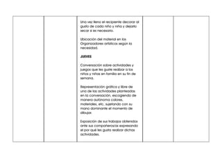 Una vez lleno el recipiente decorar al
gusto de cada niño y niña y dejarlo
secar si es necesario.
Ubicación del material en los
Organizadores artísticos según la
necesidad.
JUEVES
Conversación sobre actividades y
juegos que les guste realizar a los
niños y niñas en familia en su fin de
semana.
Representación gráfica y libre de
una de las actividades planteadas
en la conversación, escogiendo de
manera autónoma colores,
materiales, etc, sujetando con su
mano dominante el momento de
dibujar.
Exposición de sus trabajos obtenidos
ante sus compañeros/as expresando
el por qué les gusta realizar dichas
actividades.
 