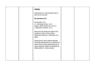 VIERNES
Presentación y memorización de la
letra de la canción:
Mi divertido C.E.I.
Mi divertido C.E.I.
lo mantengo limpio, si si si
juego y salto siempre en mi C.E.I.
y después lo ordeno, si si si.
Ejecución de juegos de roles en los
cuales los niños y niñas utilizan
diferentes disfraces y vestuarios a su
gusto.
Organización del material después
de usarlo enfatizando en mantener el
orden de las cosas guardando en el
lugar asignado según las señaléticas
elaboradas en días pasados.
 