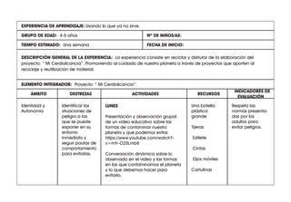 EXPERIENCIA DE APRENDIZAJE:
Nº DE NIÑOS/AS:
TIEMPO ESTIMADO: Una semana FECHA DE INICIO:
ÁMBITO DESTREZAS
INDICADORES DE
EVALUACIÓN
RECURSOS
ACTIVIDADES
ELEMENTO INTEGRADOR:
GRUPO DE EDAD: 4-5 años
Respeta las
normas presenta-
das por los
adultos para
evitar peligros.
Una botella
plástica
grande
Tijeras
Estilete
Cintas
Ojos móviles
Cartulinas
Identificar las
situaciones de
peligro a las
que se puede
exponer en su
entorno
inmediato y
seguir pautas de
comportamiento
para evitarlas.
LUNES
Presentación y observación grupal
de un video educativo sobre las
formas de contaminar nuestro
planeta y que podemos evitar.
https://www.youtube.com/watch?-
v=mY--D25Lmb8
Conversación dinámica sobre lo
observado en el video y las formas
en las que contaminamos el planeta
y lo que debemos hacer para
evitarlo.
Identidad y
Autonomía
ELEMENTO INTEGRADOR: Proyecto: “ Mi Cerdialcancia”.
DESCRIPCIÓN GENERAL DE LA EXPERIENCIA: La experiencia consiste en reciclar y disfrutar de la elaboración del
proyecto: “ Mi Cerdialcancia”. Promoviendo al cuidado de nuestro planeta a través de proyectos que aporten al
reciclaje y reutilización de material.
EXPERIENCIA DE APRENDIZAJE: Usando lo que ya no sirve.
 
