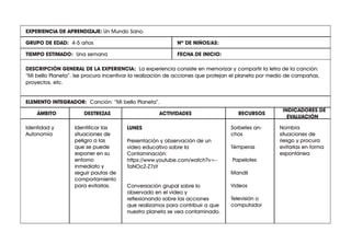 EXPERIENCIA DE APRENDIZAJE:
Nº DE NIÑOS/AS:
TIEMPO ESTIMADO: Una semana FECHA DE INICIO:
ÁMBITO DESTREZAS
INDICADORES DE
EVALUACIÓN
RECURSOS
ACTIVIDADES
ELEMENTO INTEGRADOR:
GRUPO DE EDAD: 4-5 años
Nombra
situaciones de
riesgo y procura
evitarlas en forma
espontánea
Sorbetes an-
chos
Témperas
Papelotes
Mandil
Videos
Televisión o
computador
LUNES
Presentación y observación de un
video educativo sobre la
Contaminación:
https://www.youtube.com/watch?v=-
TaNOcZ-Z7sY
Conversación grupal sobre lo
observado en el video y
reflexionando sobre las acciones
que realizamos para contribuir a que
nuestro planeta se vea contaminado.
Identificar las
situaciones de
peligro a las
que se puede
exponer en su
entorno
inmediato y
seguir pautas de
comportamiento
para evitarlas.
Identidad y
Autonomía
ELEMENTO INTEGRADOR: Canción: “Mi bello Planeta”.
DESCRIPCIÓN GENERAL DE LA EXPERIENCIA: La experiencia consiste en memorizar y compartir la letra de la canción:
“Mi bello Planeta”. Ise procura incentivar la realización de acciones que protejan el planeta por medio de campañas,
proyectos, etc.
EXPERIENCIA DE APRENDIZAJE: Un Mundo Sano.
 