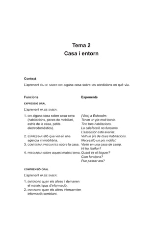 Tema 2
Casa i entorn
Context
L’aprenent HA DE SABER DIR alguna cosa sobre les condicions en què viu.
Funcions Exponents
EXPRESSIÓ ORAL
L’aprenent HA DE SABER:
1. DIR alguna cosa sobre casa seva (Visc) a Estocolm.
(habitacions, peces de mobiliari, Tenim un pis molt bonic.
estris de la casa, petits Tinc tres habitacions.
electrodomèstics). La calefacció no funciona.
L’ascensor està avariat.
2. EXPRESSAR allò que vol en una Vull un pis de dues habitacions.
agència immobiliària. Necessito un pis moblat.
3. CONTESTAR PREGUNTES sobre la casa. Vivim en una casa de camp.
Hi ha telèfon?
4. PREGUNTAR sobre aquest mateix tema. Quant és el lloguer?
Com funciona?
Puc passar ara?
COMPRENSIÓ ORAL
L’aprenent HA DE SABER:
1. ENTENDRE quan els altres li demanen
el mateix tipus d’informació.
2. ENTENDRE quan els altres intercanvien
informació semblant.
 