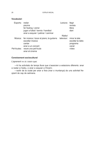 Vocabulari
Esports: nedar Lectura: llegir
piscina revista
fer footing / córrer llibre
jugar a futbol / tennis / handbol diari
anar a esquiar / patinar / caminar
Ràdio/
Música: fer música / tocar el piano, la guitarra televisor: mirar la tele
escoltar música escoltar la ràdio
cantar programa
anar a un concert canal
Pel·lícules: veure una pel·lícula vídeo
anar al cinema
Coneixement sociocultural
L’aprenent HA DE SABER que:
—hi ha activitats de temps lliure que s’associen a estacions diferents: anar
a nedar a l’estiu, o anar a esquiar a l’hivern;
—sortir de la ciutat per anar a fora (mar o muntanya) és una activitat fre-
qüent de cap de setmana.
26 CATALÀ INICIAL
 