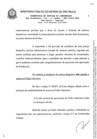 fls. 8

MINISTÉRIO PÚBLICO DO ESTADO DE SÃO PAULO
PROMOTORIA DE JUSTIÇA DO CONSUMIDOR
Rua Riachuelo, 115 - l° andar - CEP 01007-904
São Paulo - Capital
Fone:

expressamente

previsto

3119.9069/Fax

8

3119.9060

que é dever do Estado

o fomento

de práticas

desportivas, incumbindo à justiça desportiva proferir decisão final do processo,

A importante e útil previsão da existência de uma justiça
desportiva Gustiça administrativa privada de interesse público, regulada por
norma jurídica) para processar e julgar questões atinentes às competições,
contribui indiscutivelmente para a celeridade das decisões e para minorar o
grave problema existente pelo congestionamento de processos sob apreciação
do Estado-juiz.

No entanto, a existência da justiça desportiva não impede o
acesso ao Poder Judiciário.

De fato, o artigo 5°, XXXV, da Carta Magna, dispõe sobre o
princípio da inafastabilidade do acesso ao Poder Judiciário:

A lei não excluirá da apreciação do Poder Judiciário lesão
ou ameaça a direito.

Referido acesso ao Poder Judiciário, porém, é delimitado ao
esgotamento das vias administrativas, conforme o artigo 217 da Constituição
Federal:

Este documento foi assinado digitalmente por Tribunal de Justica Sao Paulo e ROBERTO SENISE LISBOA. Protocolado em 14/02/2014 às 12:44:16.
Se impresso, para conferência acesse o site https://esaj.tjsp.jus.br/esaj, informe o processo 1014580-24.2014.8.26.0100 e o código 725733.

no prazo máximo de 60 dias.

 