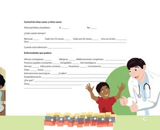 11
Control de niñas sanas y niños sanos
Visita periódica al pediatra: Sí: ______ No: _____
¿Cada cuánto tiempo?
Mensual: _____ Cada tres (3) meses: _____ Cada seis (6) meses: _____ Una vez al año: _________
Otro: ___________________________________________________________________________________
Cuando está enferma/o: _____________________
Enfermedades que padece
Infecto-contagiosas: ______ Alérgicas: ______ Malformaciones congénitas: __________________
Procesos gripales constantes: ______ Amigdalitis: ______ Dermatológicos: ________________________
Hernias: ______ Infecciones urinarias: ______ Parasitosis: ______ Convulsiones: _____________
Otitis: ______ Asma: ______
Intervenciones quirúrgicas: ______ ¿Cuáles? ___________________________________
Hospitalizaciones: _______________________________________________________
¿Por qué? ____________________________________________________________
Otras:______________________________________________
_________________________________________
 