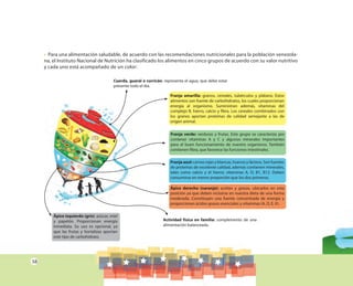 58
• Para una alimentación saludable, de acuerdo con las recomendaciones nutricionales para la población venezola-
na, el Instituto Nacional de Nutrición ha clasificado los alimentos en cinco grupos de acuerdo con su valor nutritivo
y cada uno está acompañado de un color:
Ápice izquierdo (gris): azúcar, miel
y papelón. Proporcionan energía
inmediata. Su uso es opcional, ya
que las frutas y hortalizas aportan
este tipo de carbohidrato.
Cuerda, guaral o curricán: representa el agua, que debe estar
presente todo el día.
Franja amarilla: granos, cereales, tubérculos y plátano. Estos
alimentos son fuente de carbohidratos, los cuales proporcionan
energía al organismo. Suministran además, vitaminas del
complejo B, hierro, calcio y fibra. Los cereales combinados con
los granos aportan proteínas de calidad semejante a las de
origen animal.
Franja verde: verduras y frutas. Este grupo se caracteriza por
contener vitaminas A y C y algunos minerales importantes
para el buen funcionamiento de nuestro organismo. También
contienen fibra, que favorece las funciones intestinales.
Franja azul: carnes rojas y blancas, huevos y lácteos. Son fuentes
de proteínas de excelente calidad, además contienen minerales,
tales como calcio y el hierro; vitaminas A, D, B1, B12. Deben
consumirse en menor proporción que los dos primeros.
Ápice derecho (naranja): aceites y grasas, ubicados en esta
posición ya que deben incluírse en nuestra dieta de una forma
moderada. Constituyen una fuente concentrada de energía y
proporcionan ácidos grasos esenciales y vitaminas (A, D, E, K).
Actividad física en familia: complemento de una
alimentación balanceada.
 
