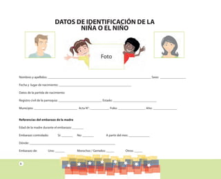 6
DATOS DE IDENTIFICACIÓN DE LA
NIÑA O EL NIÑO
Nombres y apellidos: ________________________________________________________________ Sexo: ________________
Fecha y lugar de nacimiento: _____________________________________________
Datos de la partida de nacimiento:
Registro civil de la parroquia: ___________________________ Estado: ___________________________
Municipio: ___________________________ Acta N°: ____________ Folio: _________________ Año: _______________
Referencias del embarazo de la madre
Edad de la madre durante el embarazo: _______
Embarazo controlado: Sí: _______ No: _______ A partir del mes: _____________
Dónde: _____________________________________________________
Embarazo de: Uno: ______ Morochos / Gemelos: _____ Otros: _____
 