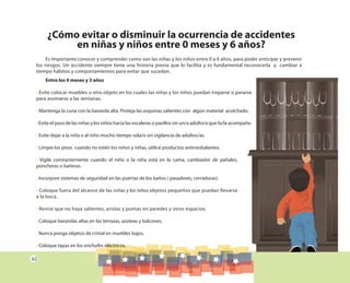 62
Es importante conocer y comprender como son las niñas y los niños entre 0 a 6 años, para poder anticipar y prevenir
los riesgos. Un accidente siempre tiene una historia previa que lo facilita y es fundamental reconocerla y cambiar a
tiempo hábitos y comportamientos para evitar que sucedan.
¿Cómo evitar o disminuir la ocurrencia de accidentes
en niñas y niños entre 0 meses y 6 años?
Entre los 0 meses y 3 años
• Evite colocar muebles u otro objeto en los cuales las niñas y los niños puedan treparse o pararse
para asomarse a las ventanas.
• Mantenga la cuna con la baranda alta. Proteja las esquinas salientes con algún material acolchado.
• Evite el paso de las niñas y los niños hacia las escaleras o pasillos sin un/a adulto/a que lo/la acompañe.
• Evite dejar a la niña o al niño mucho tiempo sola/o sin vigilancia de adultos/as.
• Limpie los pisos cuando no estén los niños y niñas, utilice productos antirresbalantes.
• Vigile constantemente cuando el niño o la niña está en la cama, cambiador de pañales,
poncheras o bañeras.
• Incorpore sistemas de seguridad en las puertas de los baños ( pasadores, cerraduras).
• Coloque fuera del alcance de las niñas y los niños objetos pequeños que puedan llevarse
a la boca.
• Revise que no haya salientes, aristas y puntas en paredes y otros espacios.
• Coloque barandas altas en las terrazas, azoteas y balcones.
• Nunca ponga objetos de cristal en muebles bajos.
• Coloque tapas en los enchufes eléctricos.
Evite colocar muebles u otro objeto en los cuales las niñas y los niños puedan treparse o pararse
Mantenga la cuna con la baranda alta. Proteja las esquinas salientes con algún material acolchado.
Evite el paso de las niñas y los niños hacia las escaleras o pasillos sin un/a adulto/a que lo/la acompañe.
 