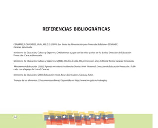 64
CENAMEC, F.CAVENDES, I.N.N., M.E.C.D. (1999). Las Guías de Alimentación para Preescolar. Ediciones CENAMEC.
Caracas, Venezuela.
Ministerio de Educación, Cultura y Deportes. (2001) Vamos a jugar con los niños y niñas de 0 a 3 años. Dirección de Educación
Preescolar. Caracas Venezuela.
Ministerio de Educación, Cultura y Deportes. (2003). Mi Libro de vida. Mis primeros seis años. Editorial Torino. Caracas-Venezuela.
Ministerio de Educación. (2005).Tejiendo mi historia. Incidencias Diarias. Nivel Maternal. Dirección de Educación Preescolar. Publi-
cado con el apoyo de Unicef. Caracas.
Ministerio de Educación. (2005).Educación Inicial. Bases Curriculares. Caracas, Autor.
Trompo de los alimentos. { Documento en línea}. Disponible en: http://www.inn.gob.ve/index.php
REFERENCIAS BIBLIOGRÁFICAS
 