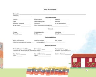 9
Datos de la vivienda
Dirección: _______________________________________________________________________________________________
Teléfono: __________________
Tipos de viviendas
Quinta: __________________ Apartamento: ____________ Rancho: _____________
Casa: ____________________ Casa de vecindad: _________ Refugio: _____________
Vivienda indígena: _________ Otro tipo: ________________ N° de dormitorios: _____
N° de baños: ______________ Otros ambientes (especifique): _______________________
Tenencia
Propia: ______ Propia pagando: _____ Alquilada: ____
Prestada: ____ Cedida: ____ Otra forma: __________________
Servicios básicos
Agua por tuberías: ____ Camión cisterna: ____ Pila pública: ____
Pozo con tubería o con bomba: ____ Otros medios: _____________________________
Servicio eléctrico
Red pública con medidor: ____ Sin medidor: ____ Planta eléctrica: ____
Otro tipo de electricidad de generación propia: ________________ No tiene servicio eléctrico: ____
Gas directo: ________ Gas con bombona: ________ Cocina eléctrica: ________
Leña: ________ Otros: __________________
 