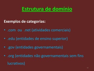 Estrutura de domínio

Exemplos de categorias:

• .com ou .net (atividades comerciais)

• .edu (entidades de ensino superior)

• .gov (entidades governamentais)

• .org (entidades não governamentais sem fins
  lucrativos)
                                                14
 