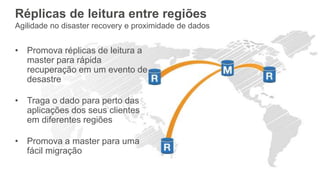 Réplicas de leitura entre regiões
Agilidade no disaster recovery e proximidade de dados
• Promova réplicas de leitura a
master para rápida
recuperação em um evento de
desastre
• Traga o dado para perto das
aplicações dos seus clientes
em diferentes regiões
• Promova a master para uma
fácil migração
 