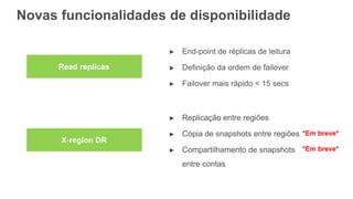 Novas funcionalidades de disponibilidade
► End-point de réplicas de leitura
► Definição da ordem de failover
► Failover mais rápido < 15 secs
Read replicas
X-region DR
► Replicação entre regiões
► Cópia de snapshots entre regiões
► Compartilhamento de snapshots
entre contas
*Em breve*
*Em breve*
 