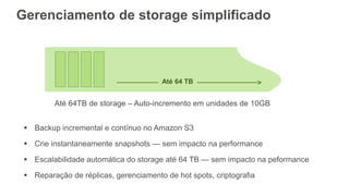 Gerenciamento de storage simplificado
 Backup incremental e contínuo no Amazon S3
 Crie instantaneamente snapshots — sem impacto na performance
 Escalabilidade automática do storage até 64 TB — sem impacto na peformance
 Reparação de réplicas, gerenciamento de hot spots, criptografia
Até 64TB de storage – Auto-incremento em unidades de 10GB
Até 64 TB
 