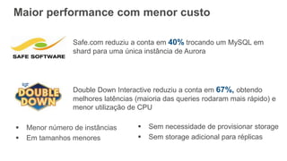 Maior performance com menor custo
 Menor número de instâncias
 Em tamanhos menores
Safe.com reduziu a conta em 40% trocando um MySQL em
shard para uma única instância de Aurora
Double Down Interactive reduziu a conta em 67%, obtendo
melhores latências (maioria das queries rodaram mais rápido) e
menor utilização de CPU
 Sem necessidade de provisionar storage
 Sem storage adicional para réplicas
 