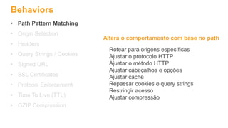 Behaviors
• Path Pattern Matching
• Origin Selection
• Headers
• Query Strings / Cookies
• Signed URL
• SSL Certificates
• Protocol Enforcement
• Time To Live (TTL)
• GZIP Compression
Rotear para origens específicas
Ajustar o protocolo HTTP
Ajustar o método HTTP
Ajustar cabeçalhos e opções
Ajustar cache
Repassar cookies e query strings
Restringir acesso
Ajustar compressão
Altera o comportamento com base no path
 