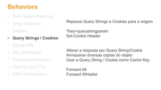 Behaviors
• Path Pattern Matching
• Origin Selection
• Headers
• Query Strings / Cookies
• Signed URL
• SSL Certificates
• Protocol Enforcement
• Time To Live (TTL)
• GZIP Compression
Repassa Query Strings e Cookies para a origem
?key=querystringparam
Set-Cookie Header
Alterar a resposta por Query String/Cookie
Armazenar diversas cópias do objeto
Usar a Query String / Cookie como Cache Key
Forward All
Forward Whitelist
 