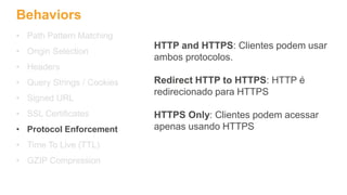 Behaviors
• Path Pattern Matching
• Origin Selection
• Headers
• Query Strings / Cookies
• Signed URL
• SSL Certificates
• Protocol Enforcement
• Time To Live (TTL)
• GZIP Compression
HTTP and HTTPS: Clientes podem usar
ambos protocolos.
Redirect HTTP to HTTPS: HTTP é
redirecionado para HTTPS
HTTPS Only: Clientes podem acessar
apenas usando HTTPS
 