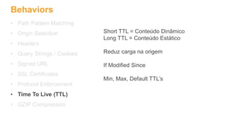 Behaviors
• Path Pattern Matching
• Origin Selection
• Headers
• Query Strings / Cookies
• Signed URL
• SSL Certificates
• Protocol Enforcement
• Time To Live (TTL)
• GZIP Compression
Short TTL = Conteúdo Dinâmico
Long TTL = Conteúdo Estático
Reduz carga na origem
If Modified Since
Min, Max, Default TTL’s
 