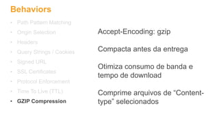 Behaviors
• Path Pattern Matching
• Origin Selection
• Headers
• Query Strings / Cookies
• Signed URL
• SSL Certificates
• Protocol Enforcement
• Time To Live (TTL)
• GZIP Compression
Accept-Encoding: gzip
Compacta antes da entrega
Otimiza consumo de banda e
tempo de download
Comprime arquivos de “Content-
type” selecionados
 