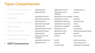 Tipos Comprimíveis
• Path Pattern Matching
• Origin Selection
• Headers
• Query Strings / Cookies
• Signed URL
• SSL Certificates
• Protocol Enforcement
• Time To Live (TTL)
• GZIP Compression
application/eot application/xml+rss image/svg+xml
application/font application/x-font-
opentype
text/css
application/font-sfnt application/x-font-truetype text/csv
application/javascript application/x-font-ttf text/html
application/json application/x-httpd-cgi text/javascript
application/opentype application/x-javascript text/js
application/otf application/x-mpegurl text/plain
application/pkcs7-mime application/x-otf text/richtext
application/truetype application/x-perl text/tab-separated-values
application/ttf application/x-ttf text/xml
application/vnd.ms-
fontobject
font/eot text/x-script
application/xhtml+xml font/ttf text/x-component
application/xml font/otf text/x-java-source
font/opentype application/x-opentype
 