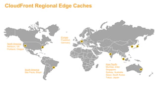 CloudFront Regional Edge Caches
Europe
Frankfurt,
Germany
North America
Ashburn, VA
Portland, Oregon
Asia Pacific
Mumbai, India
Singapore
Sydney, Australia
Seoul, South Korea
Tokyo, Japan
South America
São Paulo, Brazil
 