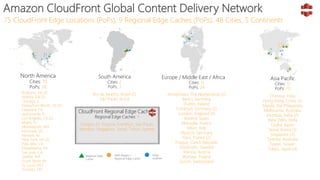 Amazon CloudFront Global Content Delivery Network
North America
Cities: 19
PoPs: 28
South America
Cities: 2
PoPs: 3
Rio de Janeiro, Brazil (2)
São Paulo, Brazil
Europe / Middle East / Africa
Cities: 15
PoPs: 24
Amsterdam, The Netherlands (2)
Berlin, Germany
Dublin, Ireland
Frankfurt, Germany (5)
London, England (4)
Madrid, Spain
Marseille, France
Milan, Italy
Munich, Germany
Paris, France (2)
Prague, Czech Republic
Stockholm, Sweden
Vienna, Austria
Warsaw, Poland
Zurich, Switzerland
Ashburn, VA (3)
Atlanta, GA (3)
Chicago, IL
Dallas/Fort Worth, TX (3)
Hayward, CA
Jacksonville, FL
Los Angeles, CA (2)
Miami, FL
Minneapolis, MN
Montreal, QC
Newark, NJ
New York, NY (3)
Palo Alto, CA
Philadelphia, PA
San Jose, CA
Seattle, WA
South Bend, IN
St. Louis, MO
Toronto, ON
CloudFront Regional Edge Caches
Regional Edge Caches: 9
Oregon, N. Virginia, Frankfurt, Sao Paulo,
Mumbai, Singapore, Seoul, Tokyo, Sydney
75 CloudFront Edge Locations (PoPs), 9 Regional Edge Caches (PoPs), 48 Cities, 5 Continents
Edge
location
AWS Region /
Regional Edge Cache
Regional Edge
Cache
Asia Pacific
Cities: 12
PoPs: 20
Chennai, India
Hong Kong, China (3)
Manila, the Philippines
Melbourne, Australia
Mumbai, India (2)
New Delhi, India
Osaka, Japan
Seoul, Korea (3)
Singapore (2)
Sydney, Australia
Taipei, Taiwan
Tokyo, Japan (4)
 