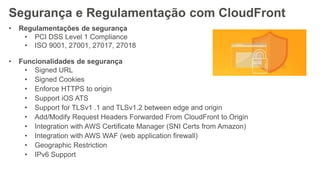 Segurança e Regulamentação com CloudFront
• Regulamentações de segurança
• PCI DSS Level 1 Compliance
• ISO 9001, 27001, 27017, 27018
• Funcionalidades de segurança
• Signed URL
• Signed Cookies
• Enforce HTTPS to origin
• Support iOS ATS
• Support for TLSv1 .1 and TLSv1.2 between edge and origin
• Add/Modify Request Headers Forwarded From CloudFront to Origin
• Integration with AWS Certificate Manager (SNI Certs from Amazon)
• Integration with AWS WAF (web application firewall)
• Geographic Restriction
• IPv6 Support
 