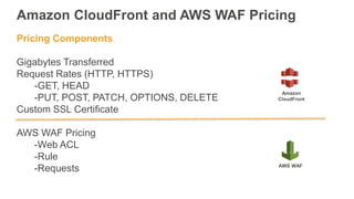 Amazon CloudFront and AWS WAF Pricing
Pricing Components
Gigabytes Transferred
Request Rates (HTTP, HTTPS)
-GET, HEAD
-PUT, POST, PATCH, OPTIONS, DELETE
Custom SSL Certificate
AWS WAF Pricing
-Web ACL
-Rule
-Requests AWS WAF
Amazon
CloudFront
 