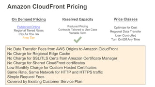 On Demand Pricing
Published Online
Regional Tiered Rates
Pay As You Go
Free Tier
Reserved Capacity
Reduced Pricing
Contracts Tailored to Use Case
Variable Term
Price Classes
Optimize for Cost
Regional Data Transfer
User Controlled
Turn On/Off Any Time
Amazon CloudFront Pricing
No Data Transfer Fees from AWS Origins to Amazon CloudFront
No Charge for Regional Edge Cache
No Charge for SSL/TLS Certs from Amazon Certificate Manager
No Charge for Shared CloudFront certificates
Low Monthly Charge for Custom Hosted Certificates
Same Rate, Same Network for HTTP and HTTPS traffic
Simple Request Fees
Covered by Existing Customer Service Plan
 