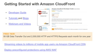 Getting Started with Amazon CloudFront
• Developer Guide
• Tutorials and Blogs
• Webinars and Videos
Streaming videos to millions of mobile app users via Amazon CloudFront CDN
Deploy preconfigured protections using AWS WAF
FREE TIER!
50 GB Data Transfer Out and 2,000,000 HTTP and HTTPS Requests each month for one year
 
