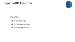 • Free Tier
 25GB of storage
 25 Reads per second
 25 Writes per second
DynamoDB Free Tier
 