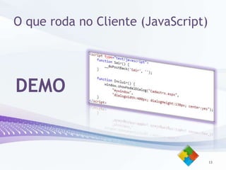 SQL ServerAgenda:Evolução da plataformaFerramentas de desenvolvimentoExemplo de aplicaçãoASP.NetConceitos:O queroda no Server (C#)O queroda no Cliente (JavaScript)O que é um PostBack?Acessando um banco de dados com ADO.NetASP.Net Ajax naprática10