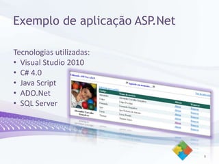 Exemplo de aplicaçãoASP.Net9Tecnologiasutilizadas:Visual Studio 2010