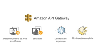 Amazon API Gateway
Desenvolvimento de APIs
simplificado
Escalável Controles de
segurança
Monitoração completa
 
