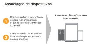 Associação de dispositivos
Associe os dispositivos com
seus usuários
1
Como eu reduzo a interação do
usuário, não solicitando o
segundo fator de autenticação
toda vez?
Como eu atrelo um dispositivo
à um usuário por necessidade
do meu negócio?2
 