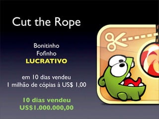 Cut the Rope
Bonitinho
Foﬁnho
LUCRATIVO
10 dias vendeu
US$1.000.000,00
em 10 dias vendeu
1 milhão de cópias à US$ 1,00
 