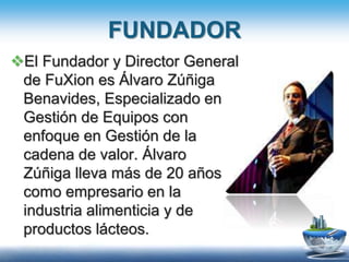 FUNDADOR
El Fundador y Director General
de FuXion es Álvaro Zúñiga
Benavides, Especializado en
Gestión de Equipos con
enfoque en Gestión de la
cadena de valor. Álvaro
Zúñiga lleva más de 20 años
como empresario en la
industria alimenticia y de
productos lácteos.
 