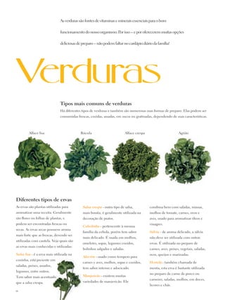 As verduras são fontes de vitaminas e minerais essenciais para o bom

                              funcionamento do nosso organismo. Por isso – e por oferecerem muitas opções

                              deliciosas de preparo – não podem faltar no cardápio diário da família!




                              Tipos mais comuns de verduras
                              Há diferentes tipos de verduras e também são numerosas suas formas de preparo. Elas podem ser
                              consumidas frescas, cozidas, assadas, em sucos ou gratinadas, dependendo de suas características.



         Alface lisa                       Rúcula                          Alface crespa                       Agrião




Diferentes tipos de ervas
As ervas são plantas utilizadas para        Salsa crespa - outro tipo de salsa,            combina bem com saladas, massas,
aromatizar uma receita. Geralmente          mais bonita, é geralmente utilizada na         molhos de tomate, carnes, ovos e
são flores ou folhas de plantas, e          decoração de pratos.                           aves, usado para aromatizar óleos e
podem ser encontradas frescas ou                                                           vinagres.
                                            Cebolinha - pertencente à mesma
secas. As ervas secas possuem aroma
                                            família da cebola, porém tem sabor             Sálvia - de aroma delicado, a sálvia
mais forte que as frescas, devendo ser
                                            mais delicado. É usada em molhos,              não deve ser utilizada com outras
utilizadas com cautela. Veja quais são
                                            omeletes, sopas, legumes cozidos,              ervas. É utilizada no preparo de
as ervas mais conhecidas e utilizadas:
                                            bolinhos salgados e saladas.                   carnes, aves, peixes, vegetais, saladas,
Salsa lisa - é a erva mais utilizada na                                                    ovos, queijos e marinadas.
                                            Alecrim - usado como tempero para
cozinha, está presente em
                                            carnes e aves, molhos, sopas e cozidos,        Hortelã - também chamada de
saladas, peixes, assados,
                                            tem sabor intenso e adocicado.                 menta, esta erva é bastante utilizada
legumes, entre outros.
                                                                                           no preparo de carne de porco ou
Tem sabor mais acentuado                    Manjericão - existem muitas
                                                                                           carneiro, saladas, molhos, em doces,
que a salsa crespa.                         variedades de manjericão. Ele
                                                                                           licores e chás.
14
 